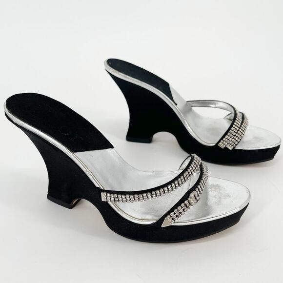 Dior Vintage Y2K Black Silver Crystal Logo Platform Wedge Sandal Mule EU 37.5 - Picture 1 of 15
